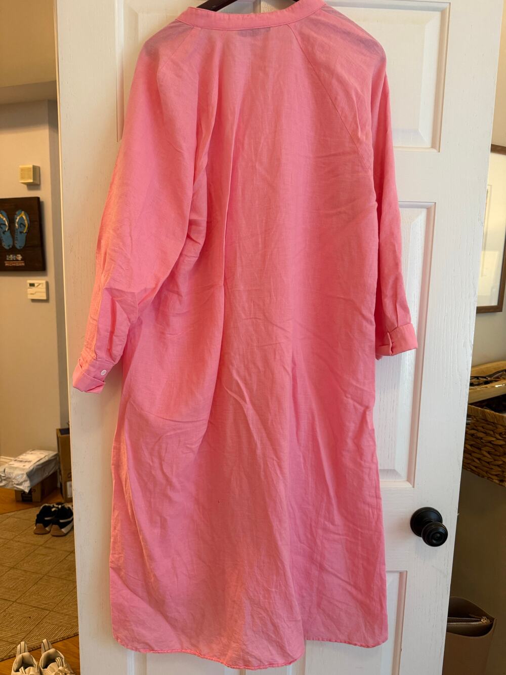 Zara pink long sleeve button front shirt dress with band collar linen jacket or